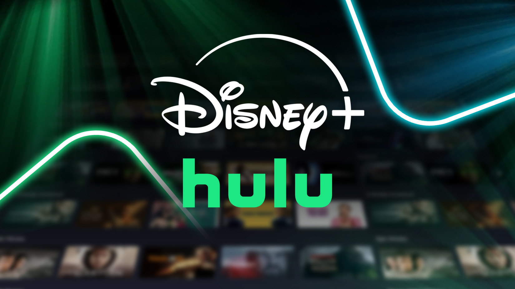 Disney+ and Hulu logos centered over a blurred streaming interface with neon green and blue light streaks.