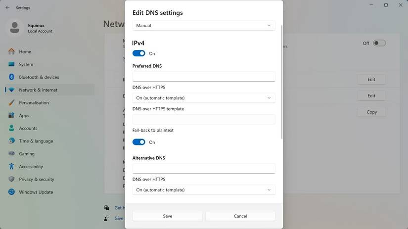 The setting to enable DNS over HTTPs on Windows 11. 