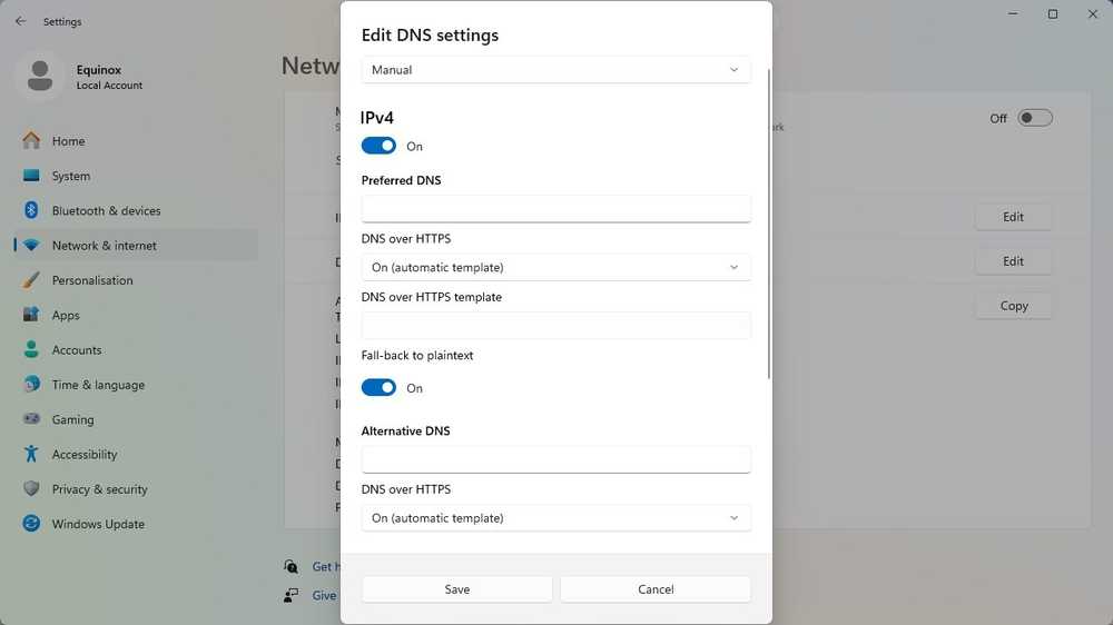 Windows 11 DNS-over-HTTPS settings in the network adapter configuration