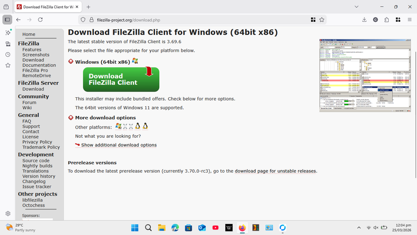 Downloading and installing FileZilla from the official website.