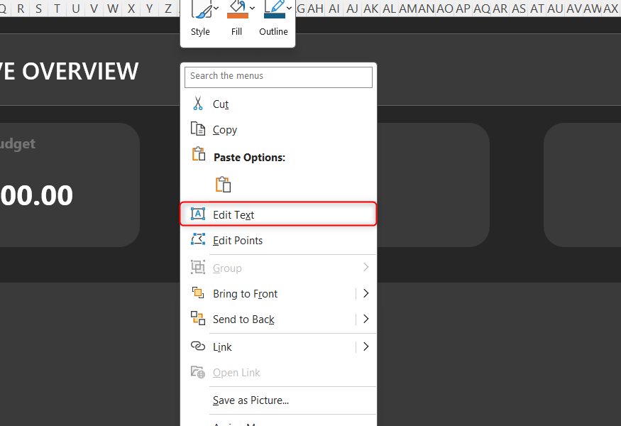 Edit Text is selected in a rounded rectangle's right-click menu in Excel.