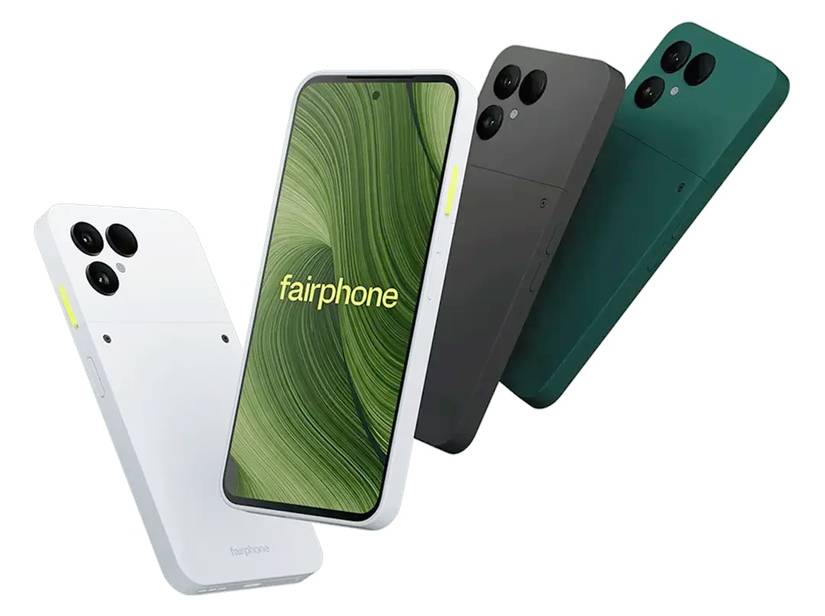 Fairphone 6 — фронтальная и задняя стороны, различные цвета.