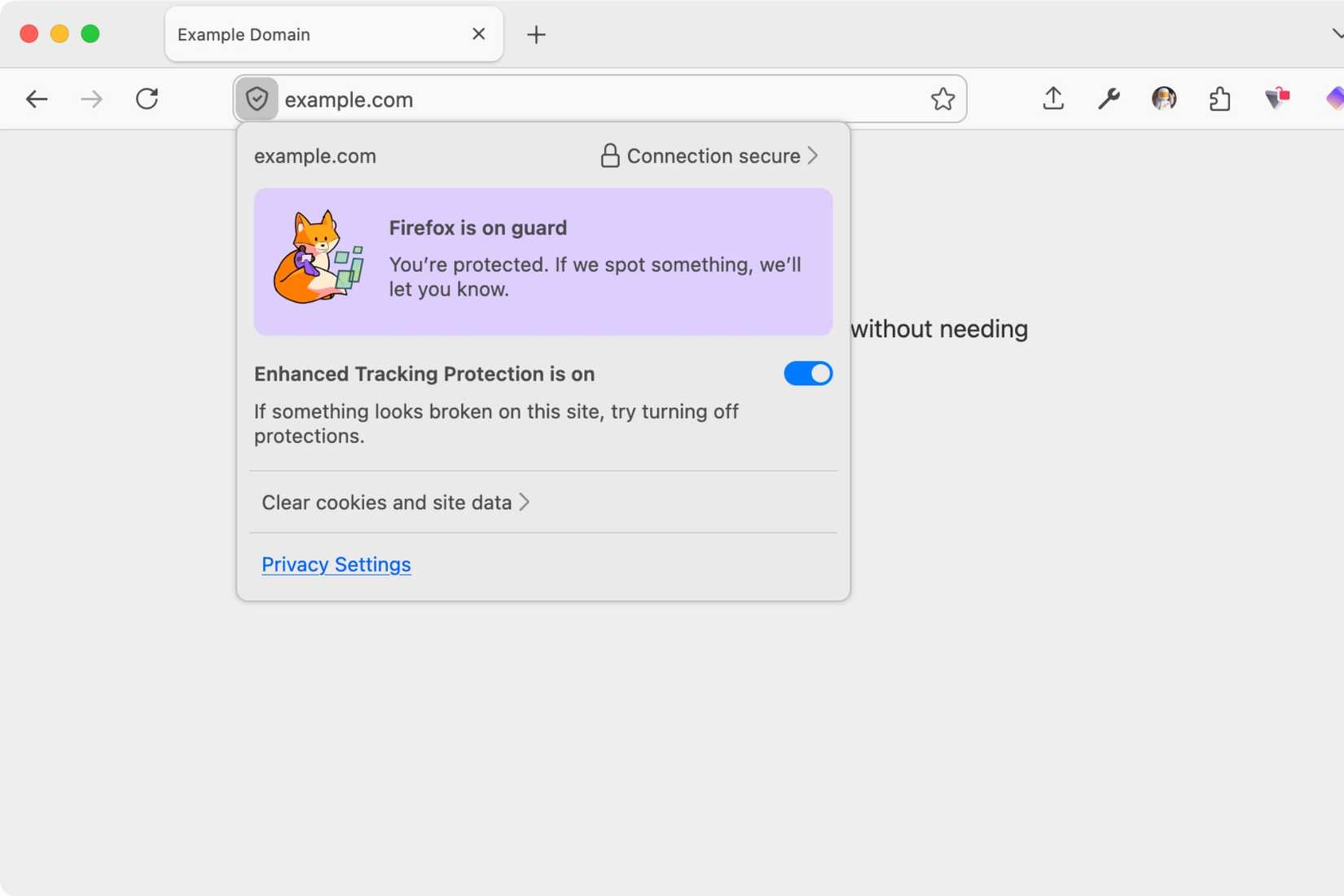 Site permissions, security info, and tracking protections in one pop-up.