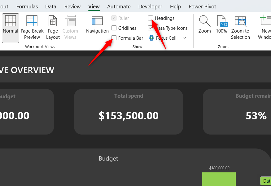 Formula Bar and Headings are unchecked in Excel's Show group.