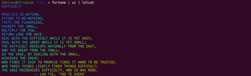 Pipline from fortune to uc to lolcat in the Linux terminal.