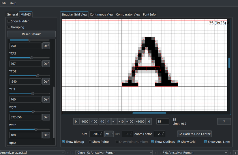ftinspect, a demo program for FreeType, showing details of the letter A in a specific font.