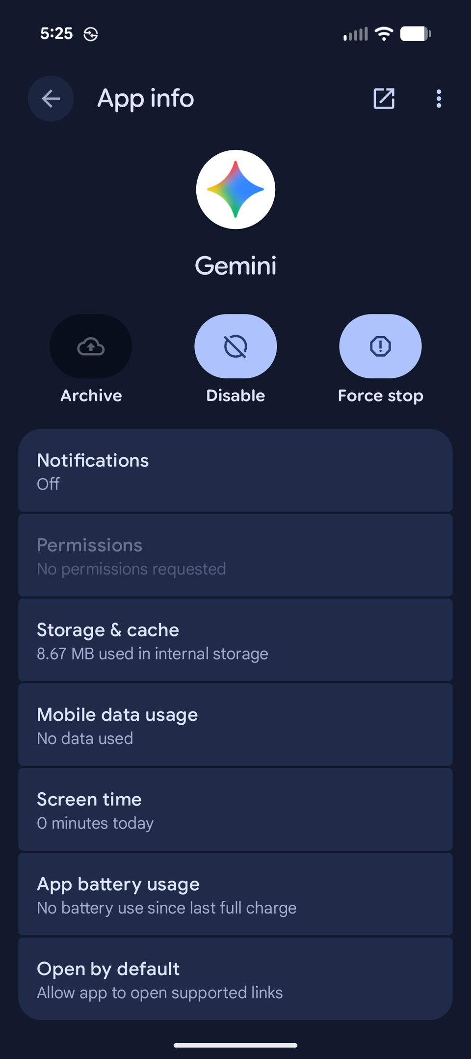 Информация о приложении Gemini в Android.