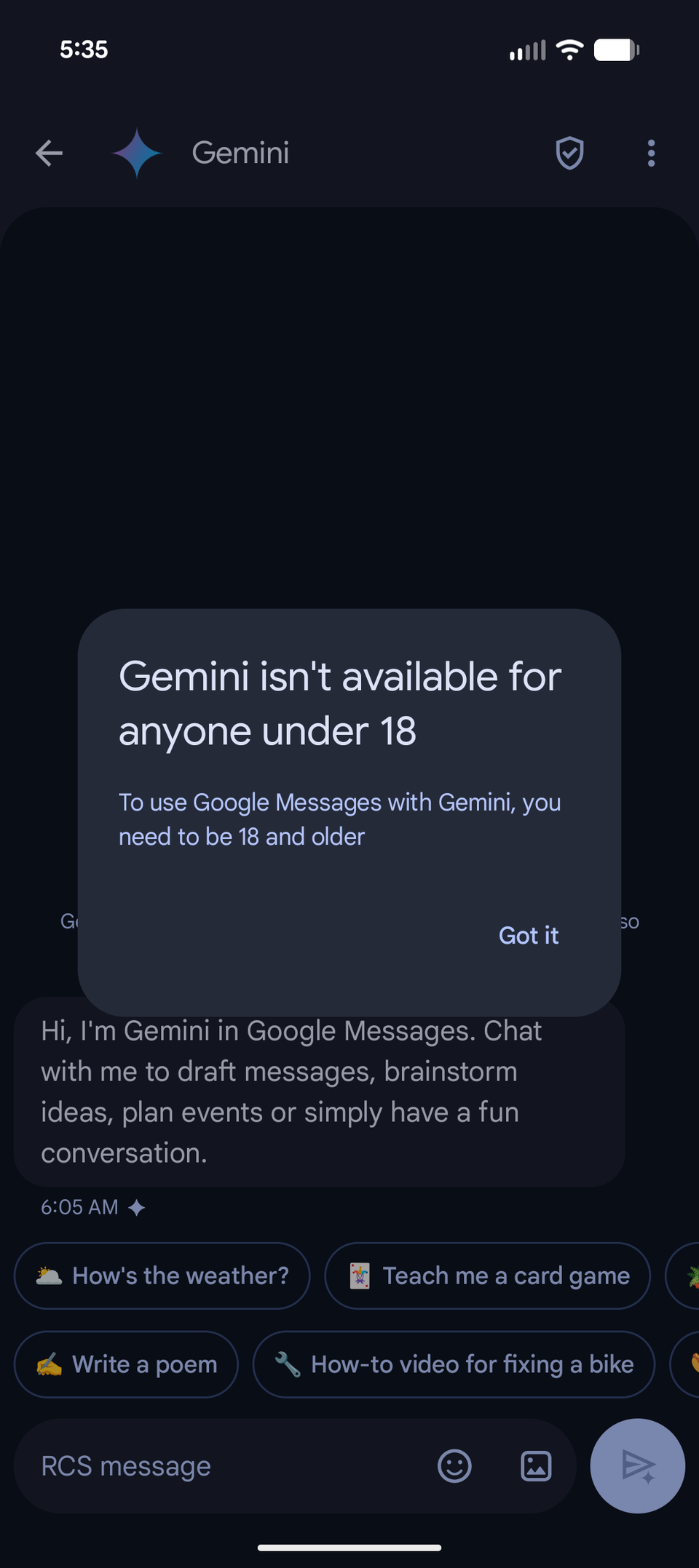 Чат с Gemini в Google Сообщениях для несовершеннолетних