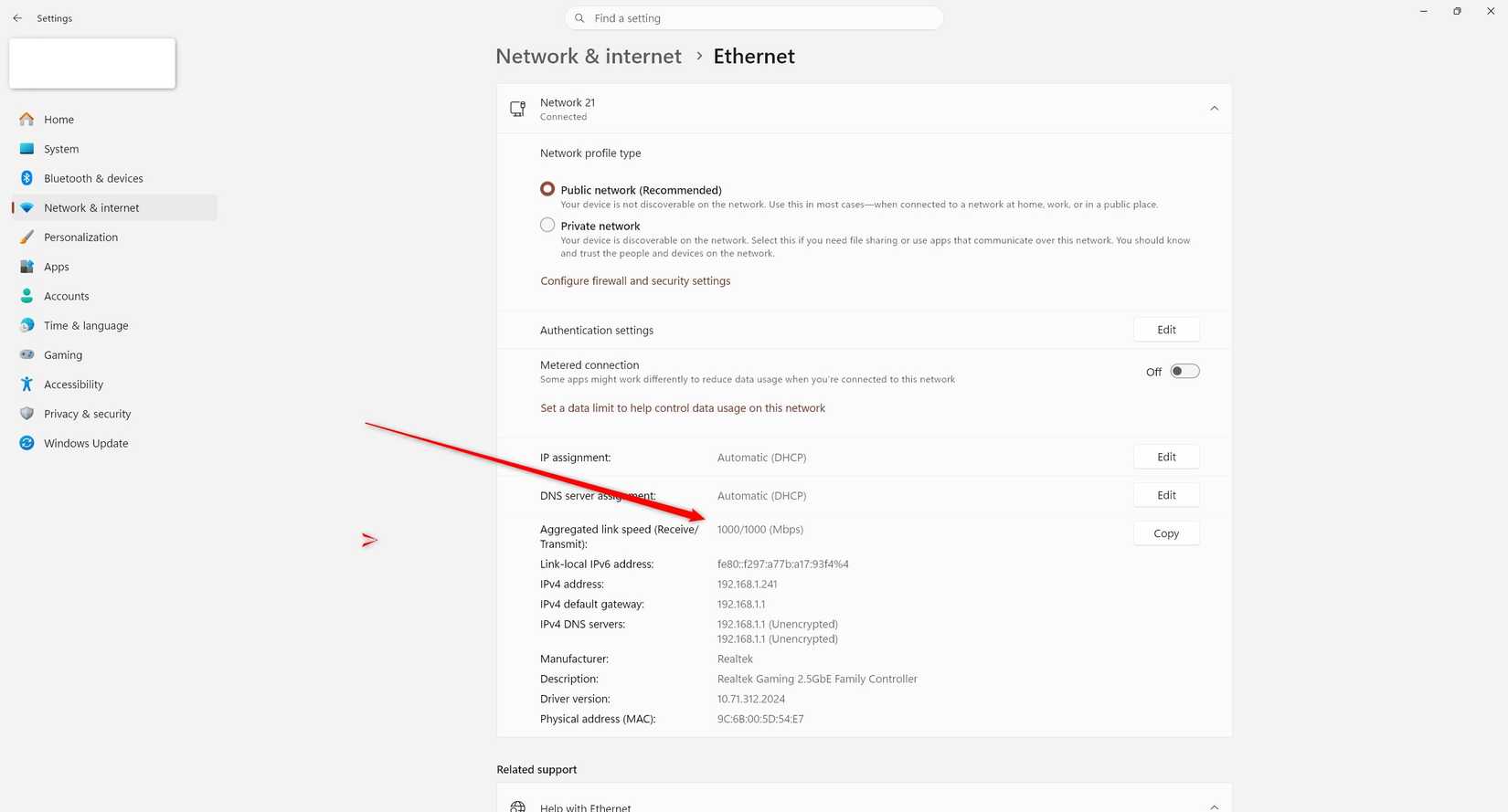 The Ethernet settings in Windows 11 showing gigabit Ethernet speeds.