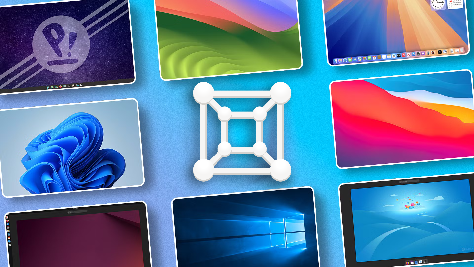 GNOME Boxes surrounded by several virtual machine screenshots.