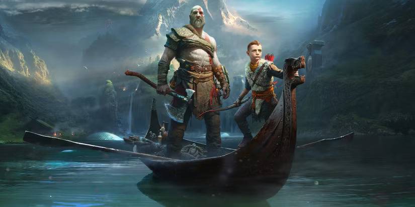Cover art of Kratos and his son Atreus on a boat on water from the video game God of War: Ragnarok.