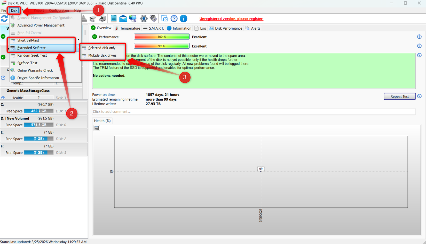 The Disk menu in Hard Disk Sentinel that includes self-tests. 