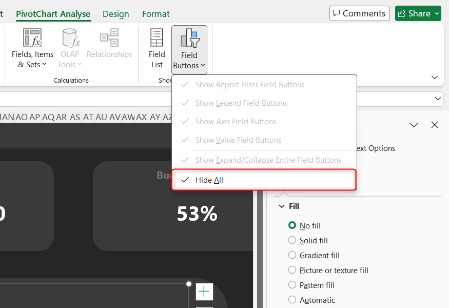 Hide All is selected in Excel's PivotChart Field Buttons menu.