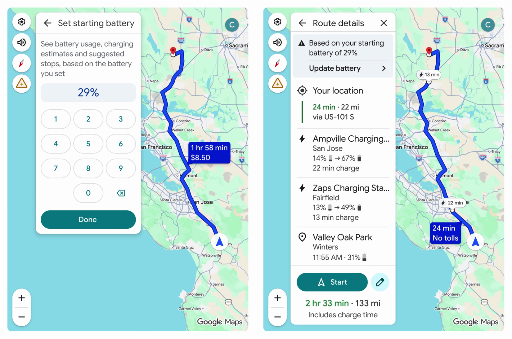 Setting the EV battery level in Google Maps and showing charging stations