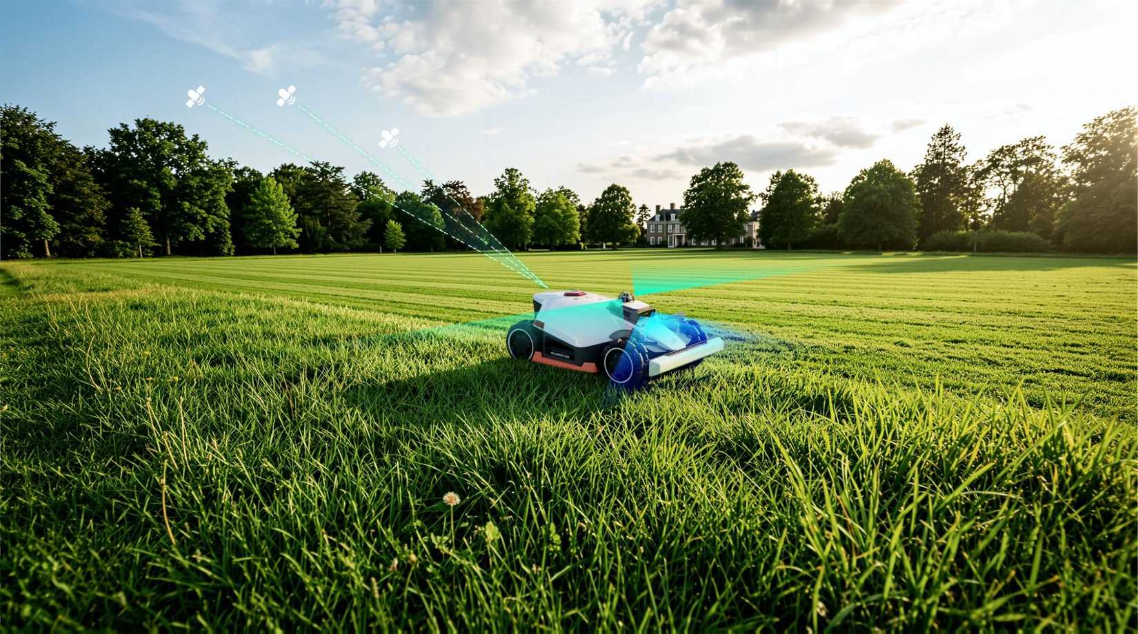 Mammotion LUBA 3 robot lawnmower scanS the environment while cutting lines of grass.