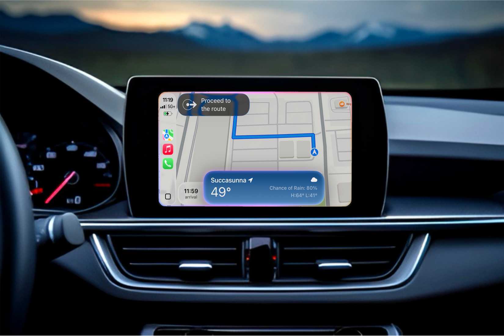 Siri showcasing weather information while getting turn-by-turn directions in Maps in CarPlay.