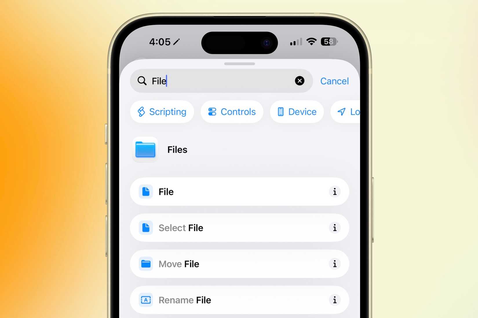 Menemukan dan memilih tindakan File di aplikasi Pintasan di iPhone.