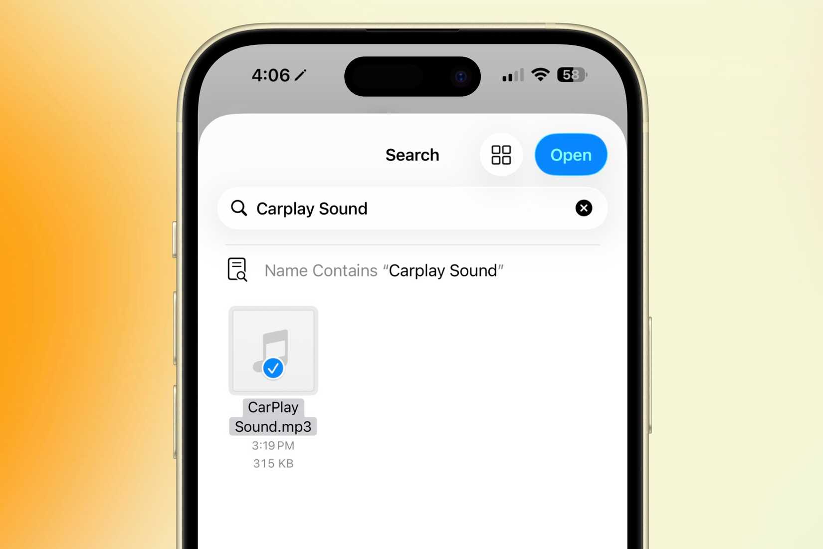 Menemukan dan memilih file audio yang ingin Anda gunakan di pintasan di iPhone.