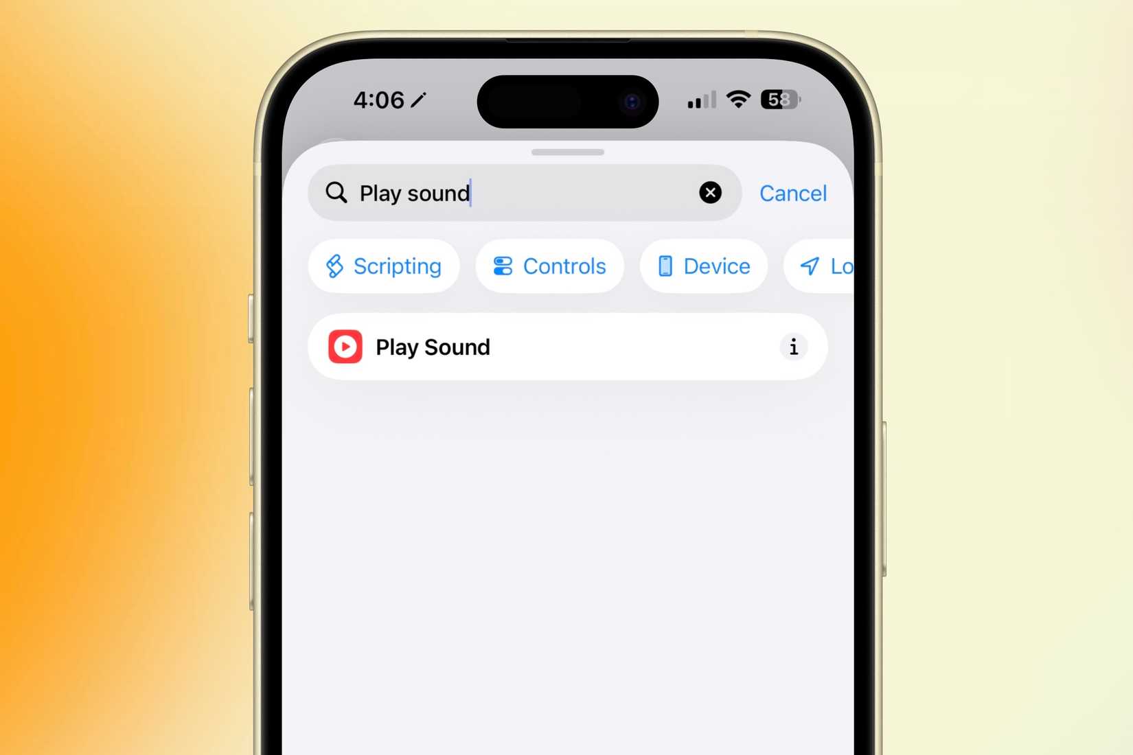 Menemukan dan memilih tindakan Putar Suara di aplikasi Pintasan di iPhone.