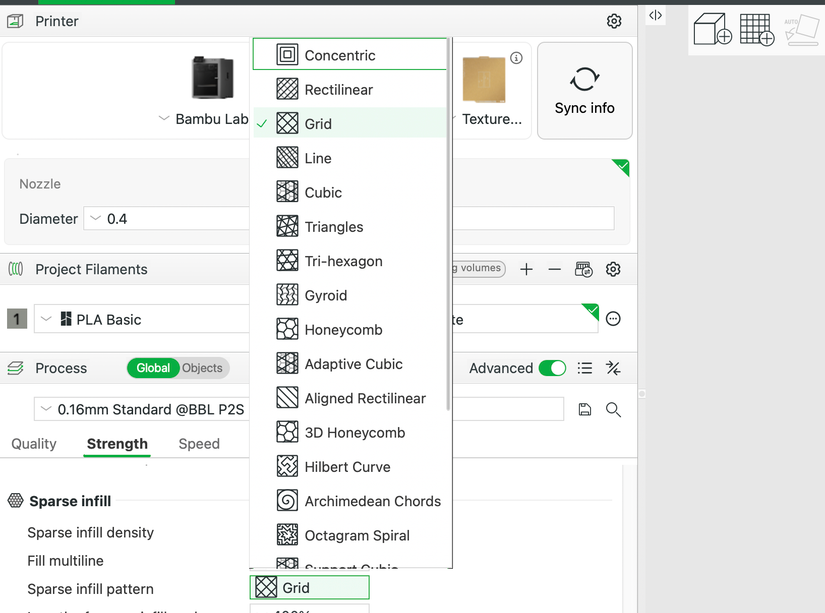 Infil patterns in Bambu Studio.
