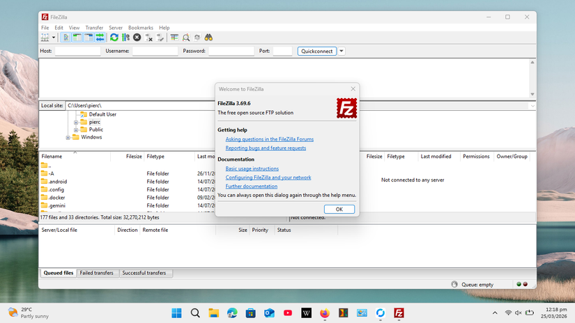 I installed FileZilla on the receiving PC.