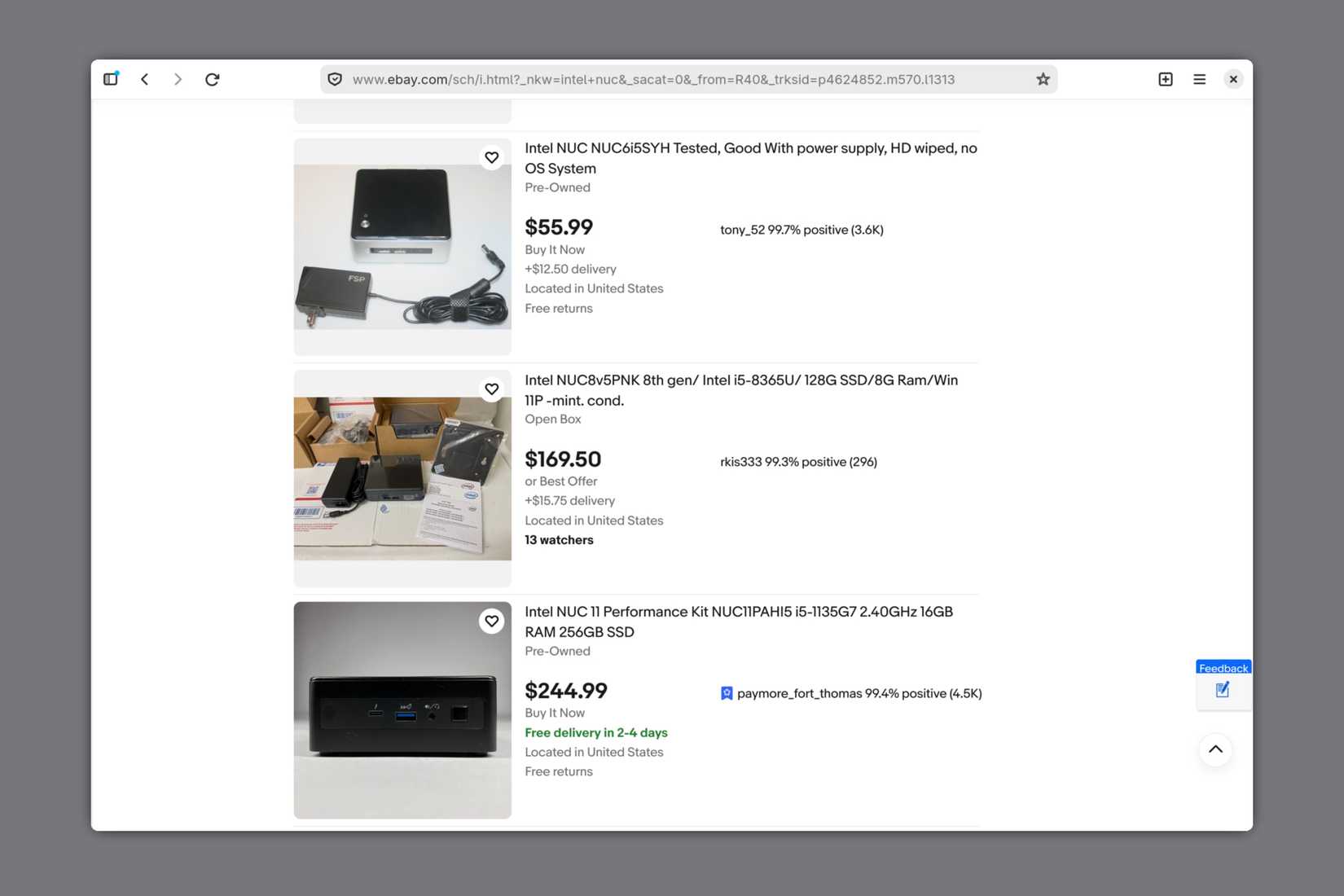 Intel NUC listings on eBay.