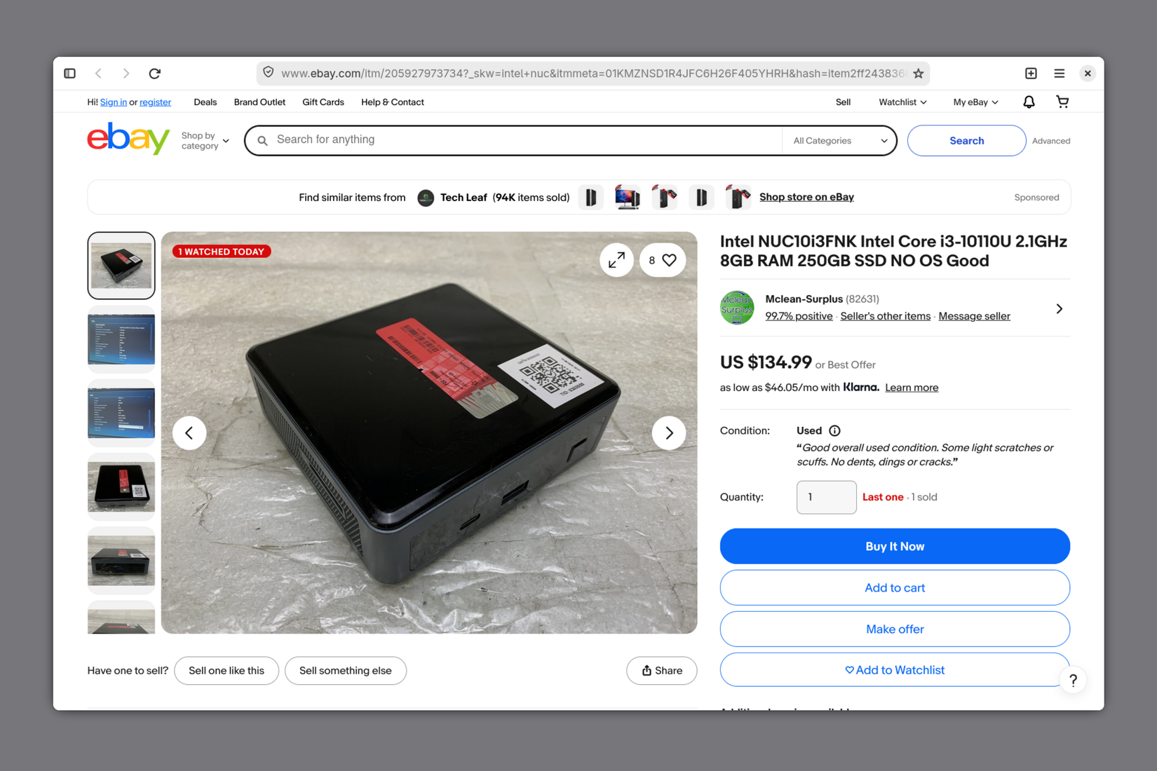 An Intel NUC listing on eBay.