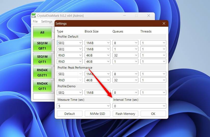 O intervalo de tempo definido como 0 segundos no CrystalDiskMark.