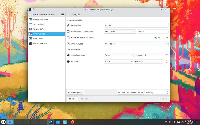 KDE Plasma Window Rule for Spotify with virtual desktop and activities as selected properties.