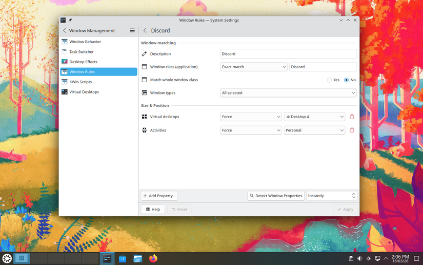 KDE Plasma Window Rule with virtual desktop and activities as selected properties.