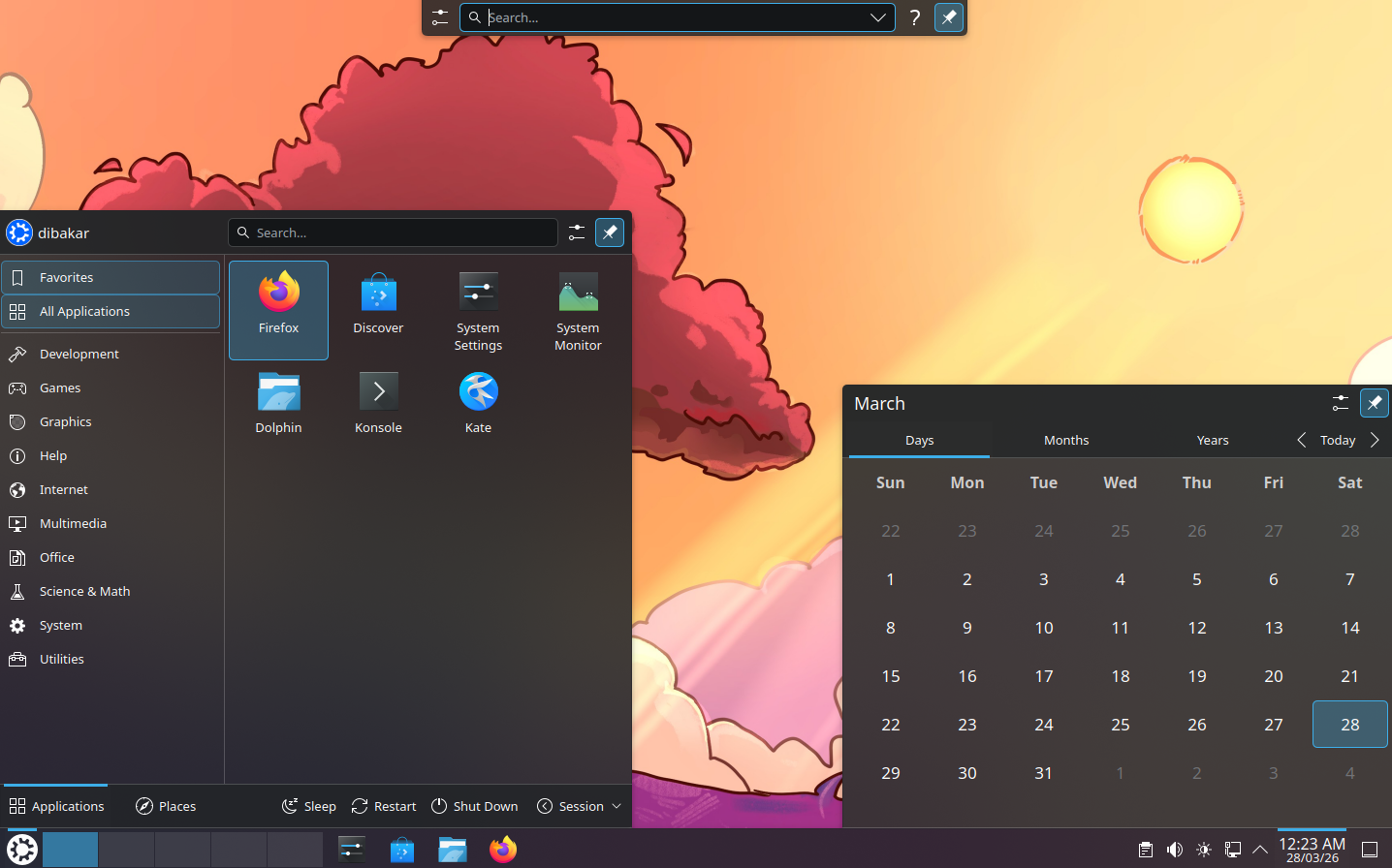 Kubuntu with app launcher, Krunner, and calendar open and pinned.