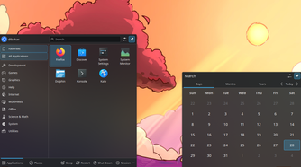 Kubuntu with app launcher, Krunner, and calendar open and pinned.