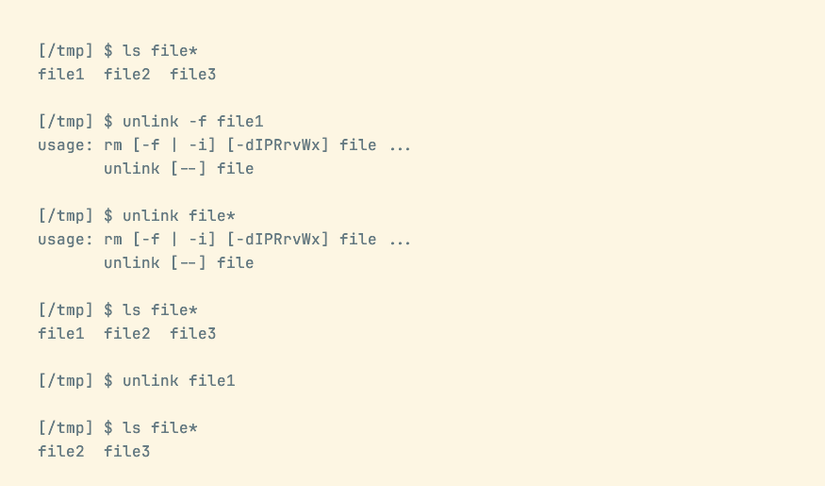 A command-line session showing the unlink tool refusing options and multiple files, before deleting a single file successfully.