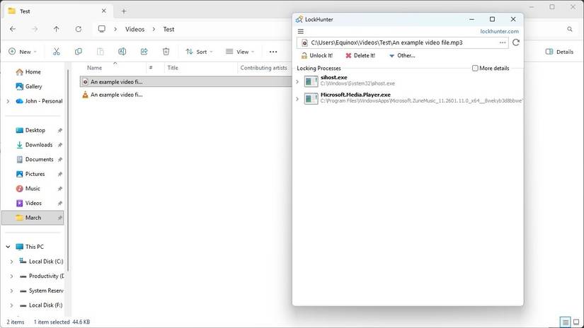 LockHunterのロックファイル解除スクリーンショット