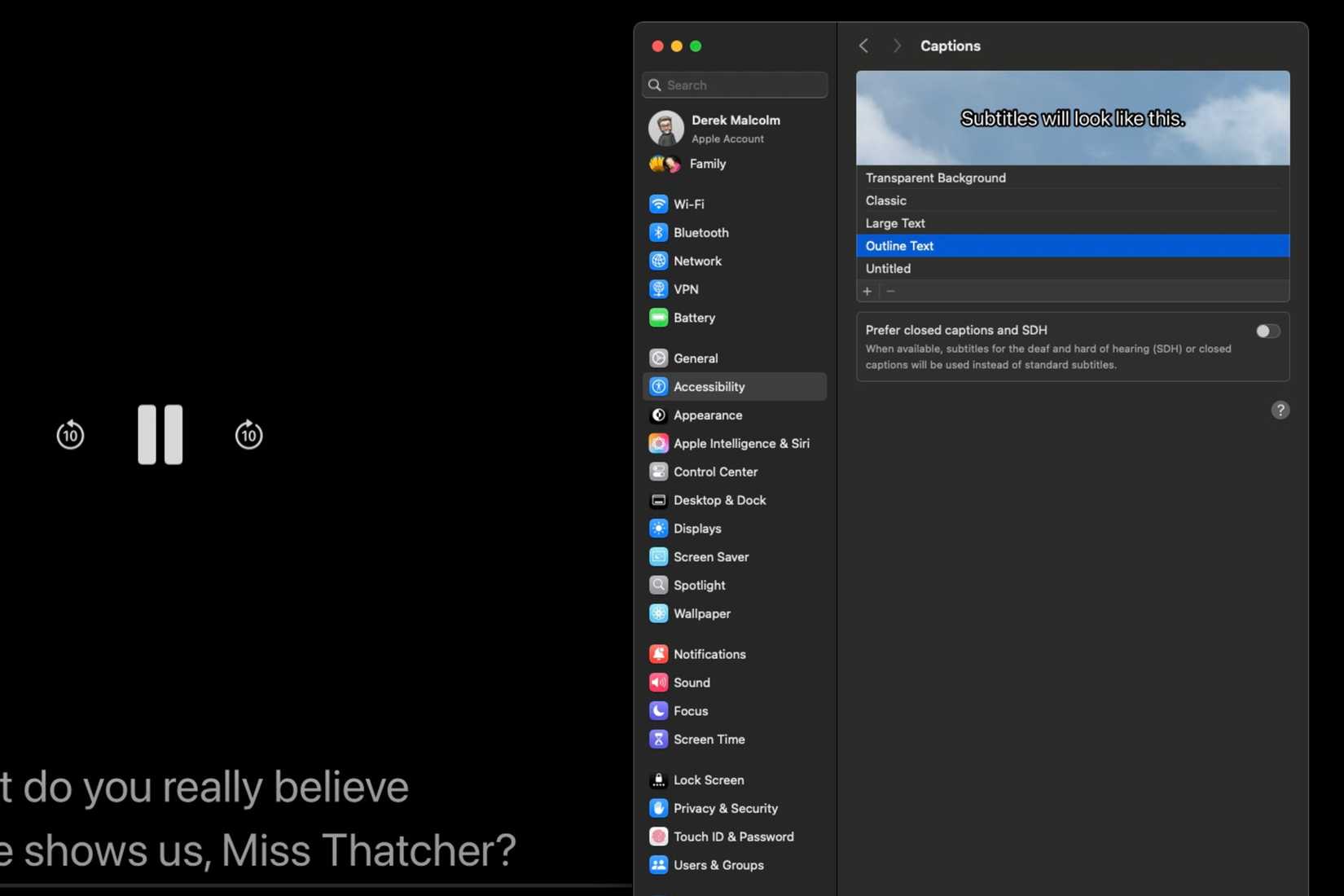 Настройка размера субтитров на Mac