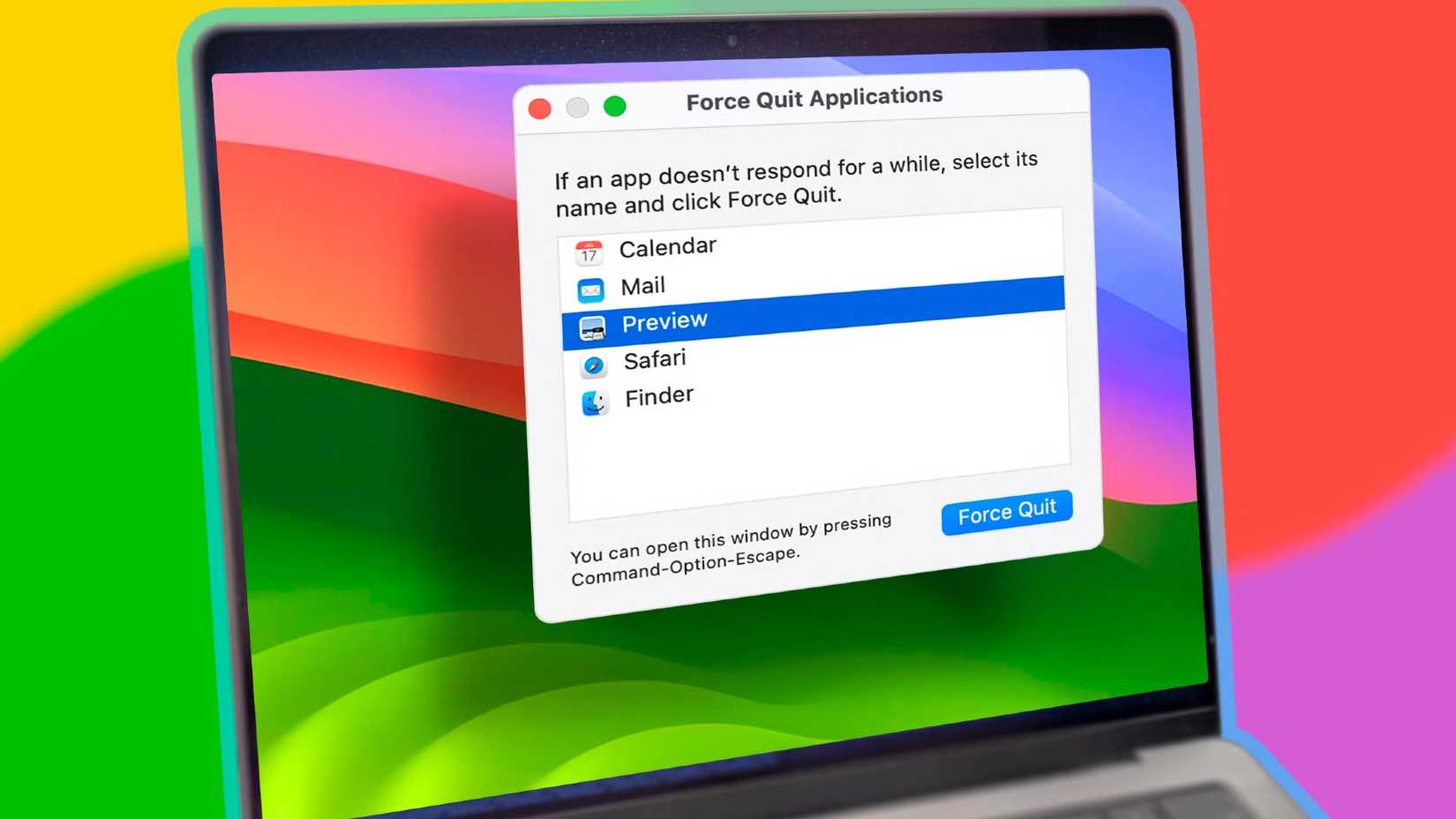 MacBook displaying the force quit applications window.