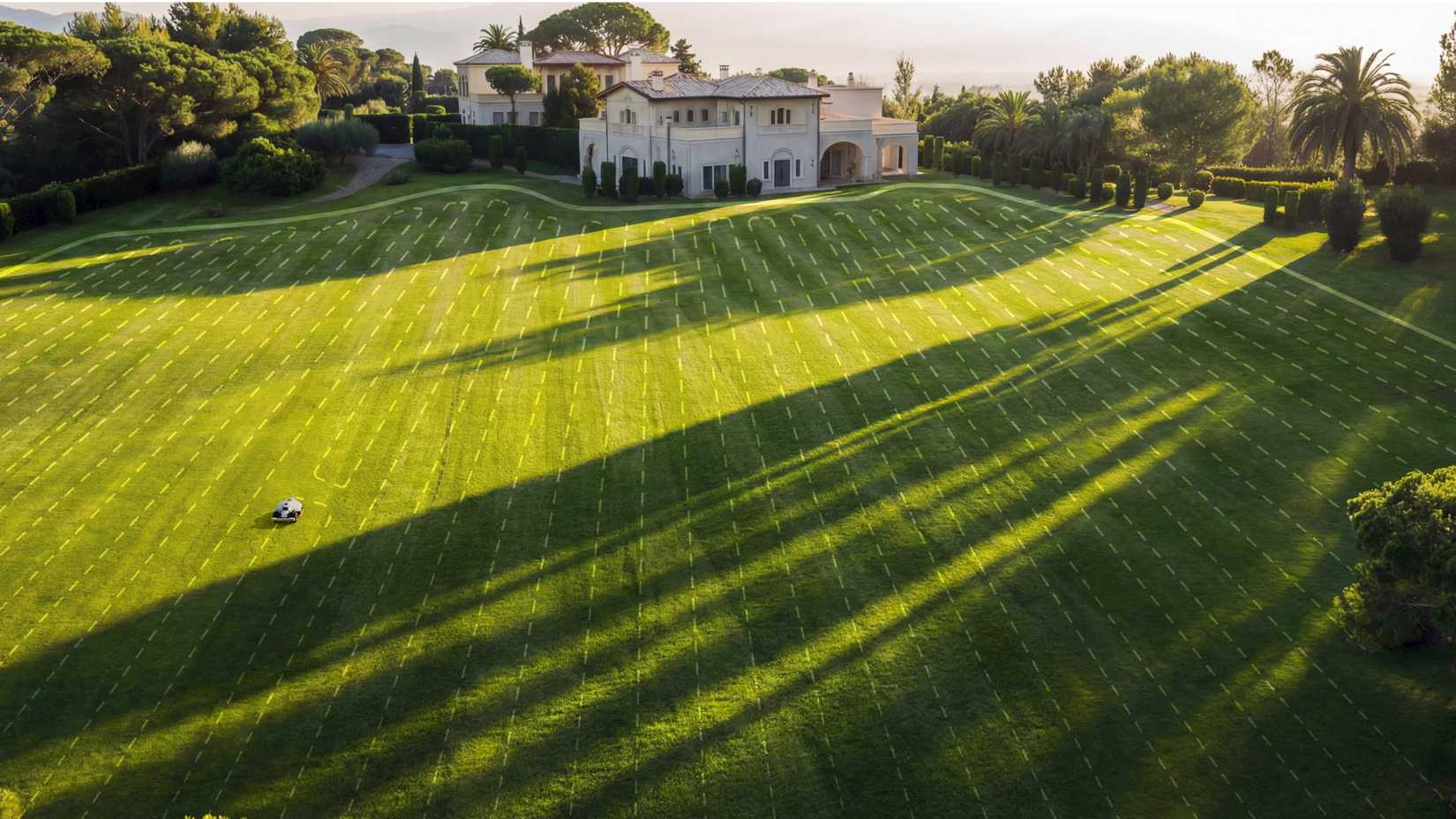 mammption luba 3 robot mower can be seen from an aerial view mowing a large lawn.