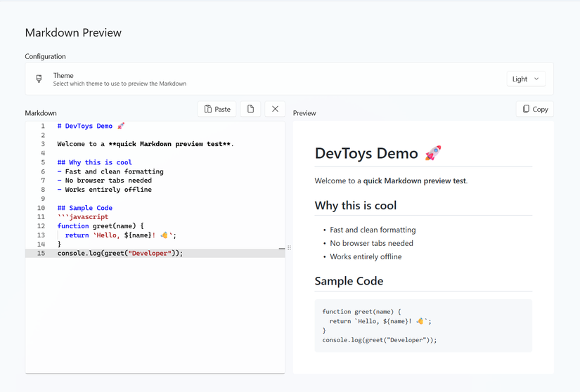 The Markdown preview tool runs on DevToys.
