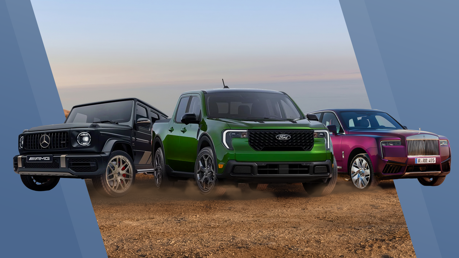 Mercedes-AMG G 63, 2026 Ford Maverick, and Rolls-Royce Cullinan, side by side on a dirt road.
