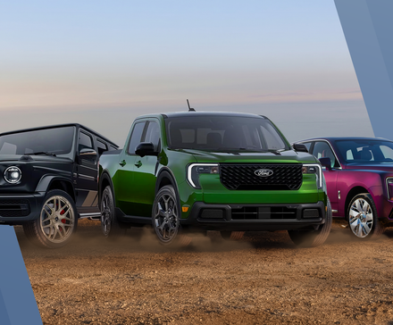 Mercedes-AMG G 63, 2026 Ford Maverick, and Rolls-Royce Cullinan, side by side on a dirt road.
