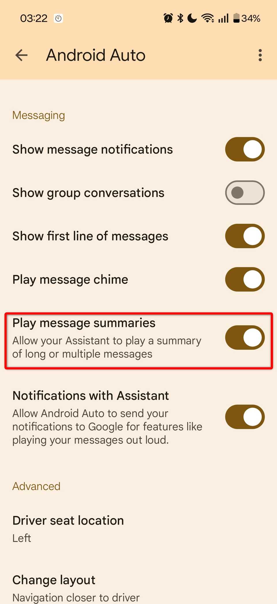 Enabling message summaries in Android Auto.