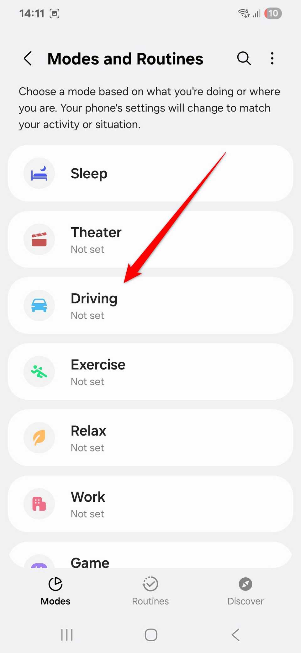 The Modes and Routines screen on a Samsung phone.