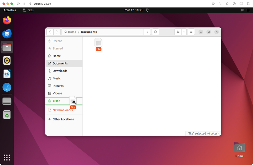 The Nautilus file manager showing a file being dragged to the Trash folder.
