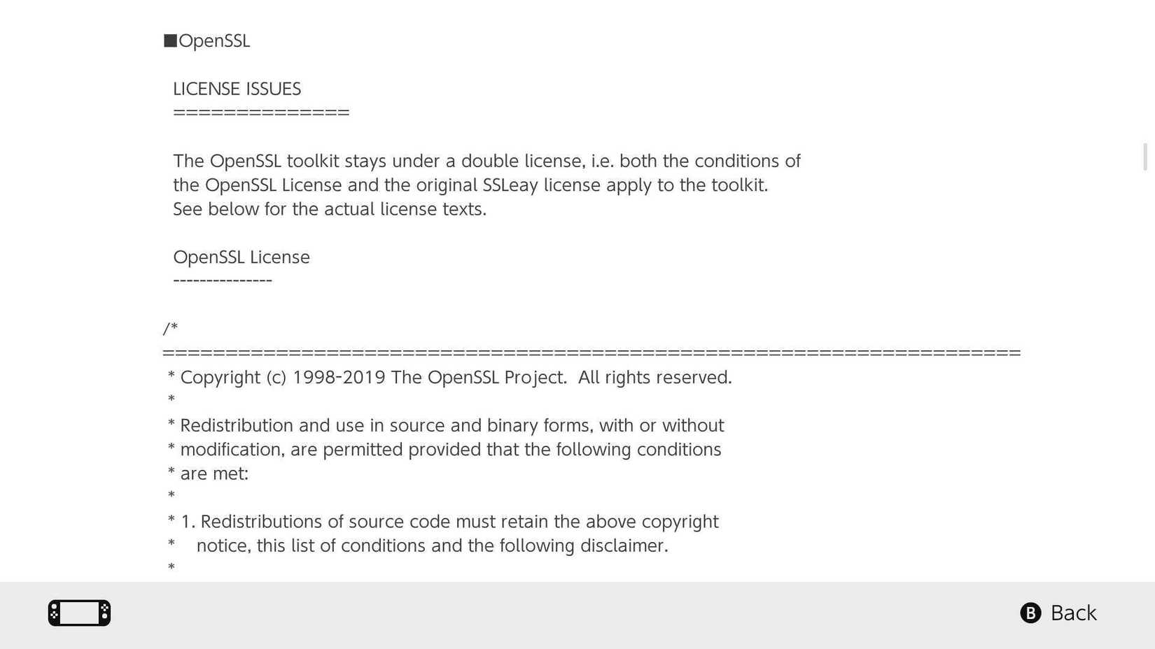 A Nintendo Switch screen showing the license information for the OpenSSL software.