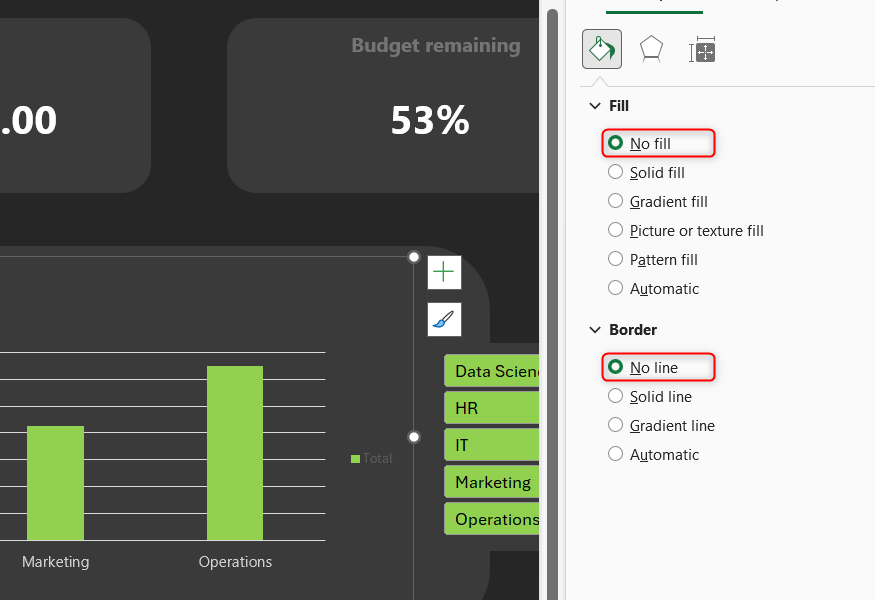 No fill and No line are selected in an Excel chart's formatting options.