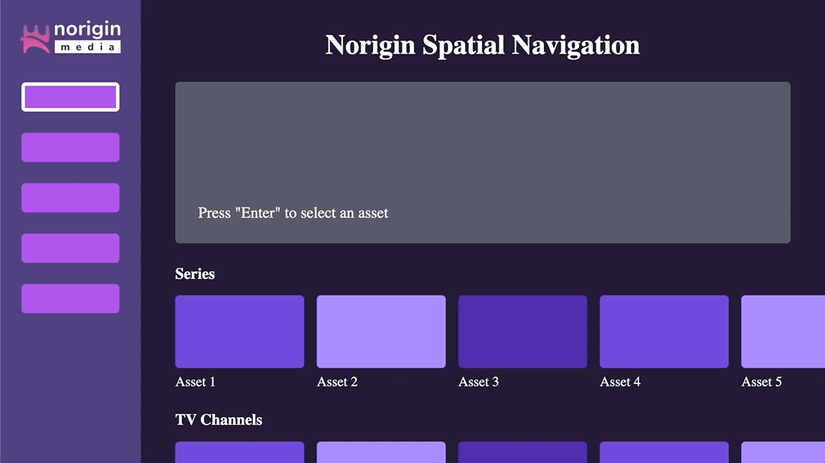 A demo showing how the Norigin Spatial Navigation library enables navigation between different components arranged at various locations on a screen.