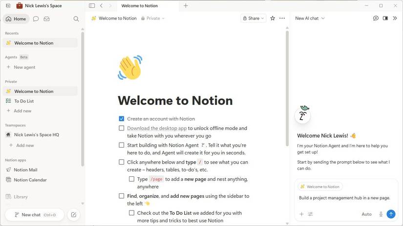 The Notion main page that is displayed on first launch. 