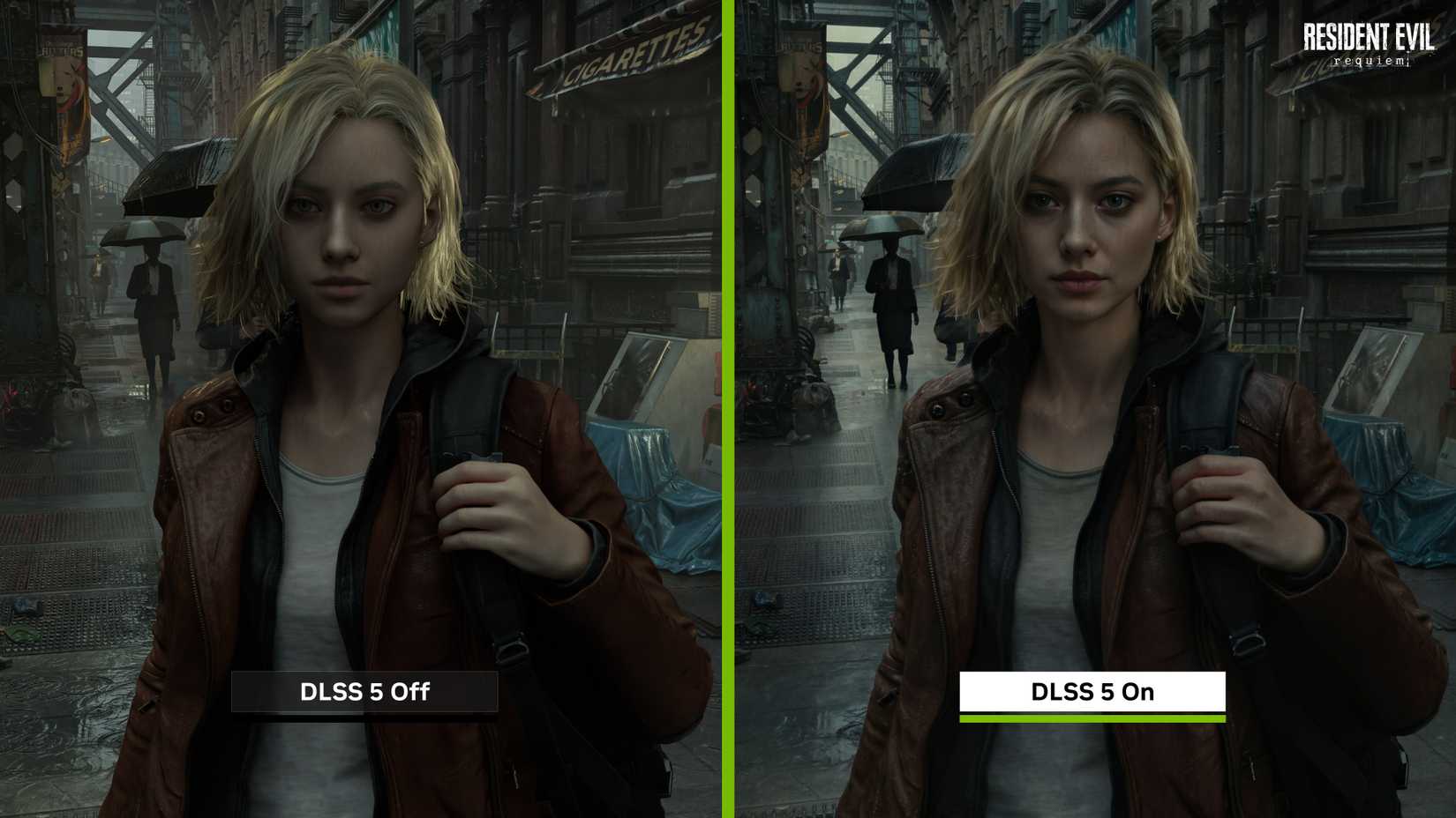 An image showing the difference between DLSS disabled and DLSS 5 enabled in Resident Evil 9.