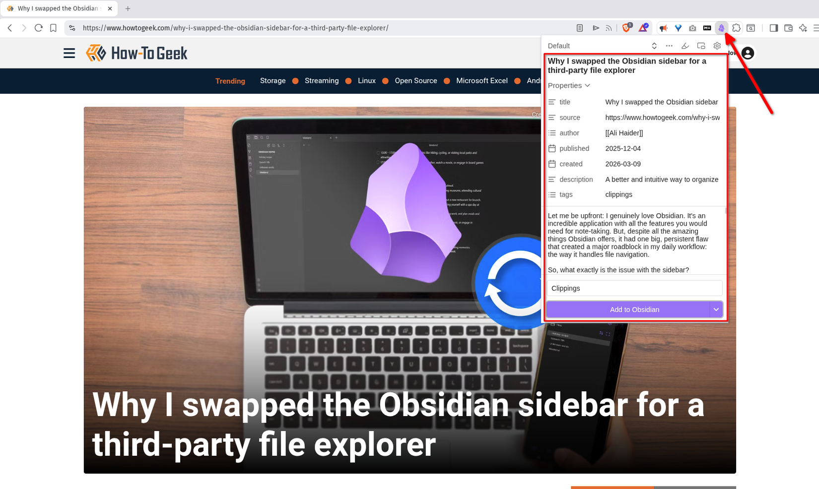 Obsidian web clipper plugin clipping a how to geek article.