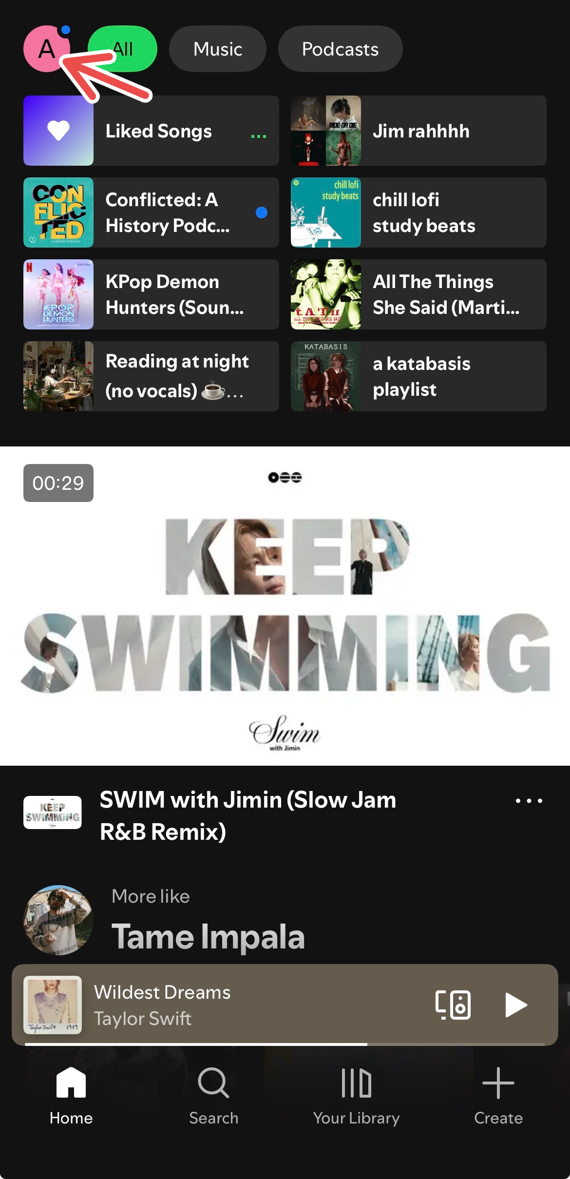 Navigating to user profile on Spotify.